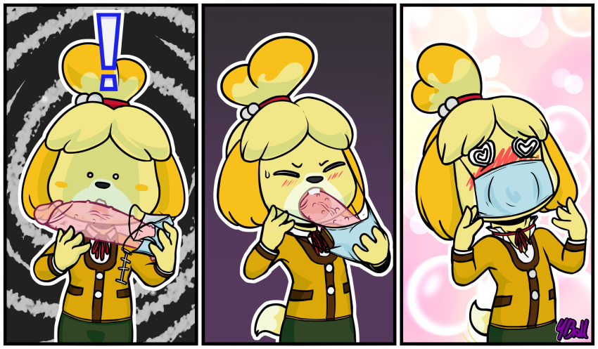 animal_crossing anthro blush border canid canine canis clothed clothing deep_throat digital_media_(artwork) dildo dildo_in_mouth dildo_mask domestic_dog face_mask female fourball fur hi_res isabelle_(animal_crossing) mammal mask mask_with_sex_toy neck_bulge nintendo oral oral_penetration penetration sex_toy sex_toy_in_mouth shih_tzu simple_background solo toy_dog video_games white_border yellow_body yellow_fur