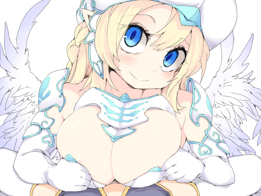 2girls armor blonde_hair blue_eyes blush breasts cleavage closed_mouth elbow_gloves feathered_wings futanari_pov gloves highres implied_futanari implied_paizuri large_breasts looking_at_viewer ls-lrtha multiple_girls original pointy_ears pov shoulder_armor smile solo_focus thighhighs white_gloves white_headwear white_legwear white_wings wings