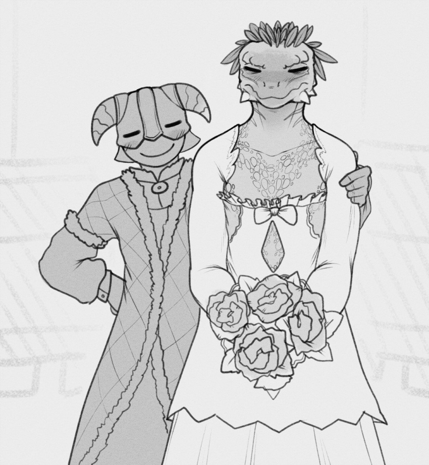 anthro argonian armor bethesda_softworks blush bouquet clothed clothing cokesero crossdressing dragonborn_(skyrim) dress duo feather_hair feathers headgear helmet horned_helmet human jaree-ra male mammal married_couple pseudo_hair scalie skyrim standing the_elder_scrolls video_games wedding wedding_dress