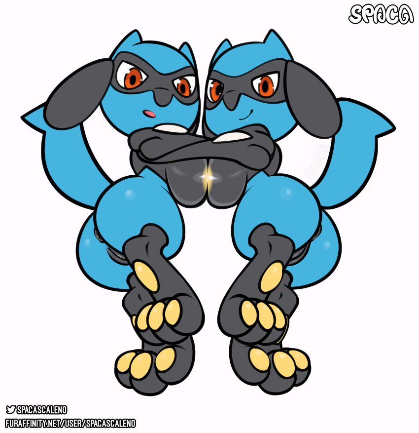 absurd_res anus baby_pok&eacute;mon big_breasts blue_body breasts butt canid canine digital_media_(artwork) duo female female/female feral genitals hi_res looking_at_viewer mammal nintendo nude open_mouth pawpads paws pok&eacute;mon pok&eacute;mon_(species) pussy riolu simple_background smiling_at_viewer solo spaca video_games