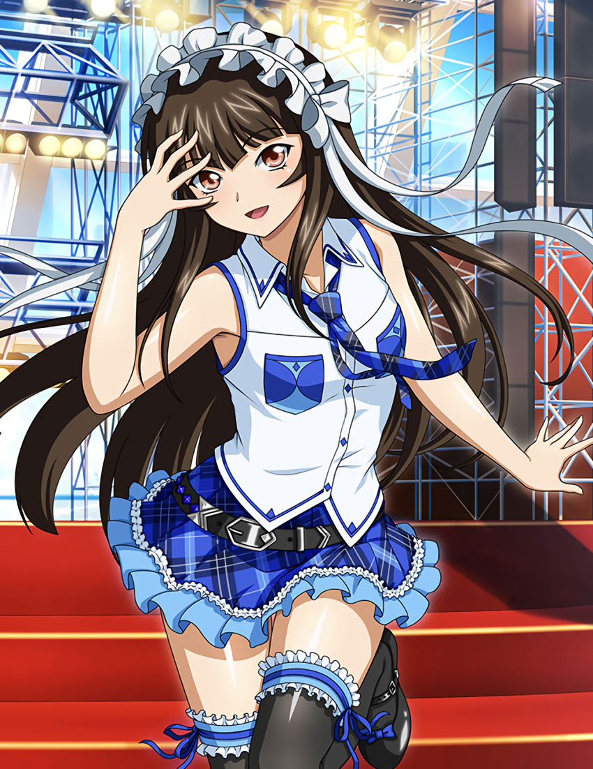 1girl :d bangs black_footwear black_legwear blue_neckwear blue_skirt bow brown_eyes brown_hair collared_shirt dress_shirt eyebrows_visible_through_hair floating_hair garters hair_bow headdress highres idol ikkitousen layered_skirt long_hair looking_at_viewer miniskirt necktie open_mouth plaid plaid_neckwear plaid_skirt shiny shiny_clothes shiny_hair shiny_legwear shiny_skin shirt skirt sleeveless sleeveless_shirt smile solo spotlight standing standing_on_one_leg ten'i_(ikkitousen) thighhighs very_long_hair white_bow white_shirt wing_collar