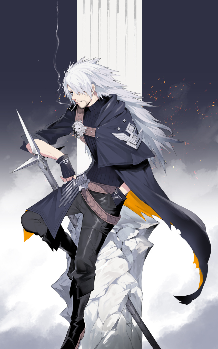 1boy absurdres black_gloves capelet check_copyright cigarette cloak collarbone commentary copyright_request covered_navel crack embers facial_hair fingerless_gloves gloves grey_capelet grey_cloak grey_eyes grey_hair hair_over_one_eye hands_in_pockets highres long_hair male_focus original planted planted_sword planted_weapon rock sitting sleeves_rolled_up smoke smoking solo spiked_hair sword tokiti torn torn_clothes turtleneck weapon