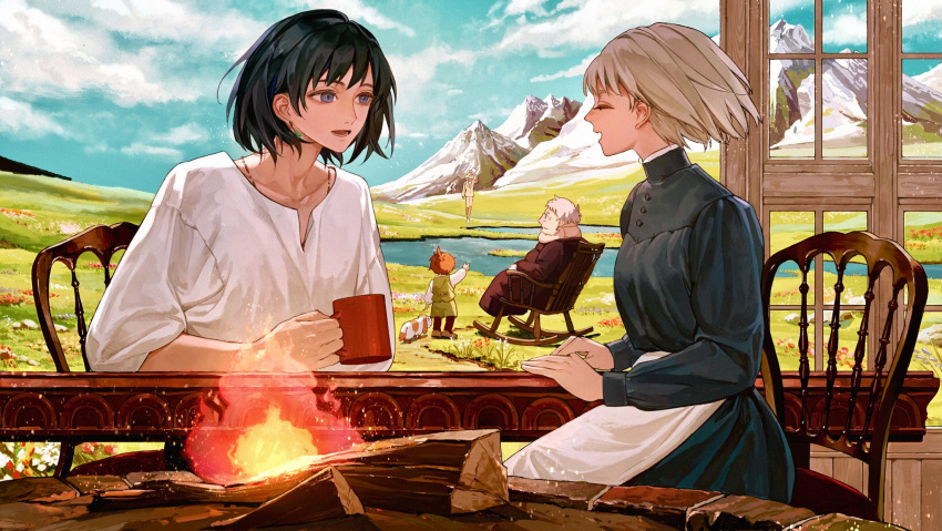 2girls 3others animal apron black_hair blonde_hair blue_eyes chair child closed_eyes cloud cloudy_sky collarbone cup day dog fire firewood flame grass highres holding holding_cup howl_(howl_no_ugoku_shiro) howl_no_ugoku_shiro long_sleeves looking_at_another mountain mountainous_horizon multiple_girls multiple_others naluse_flow older open_mouth outdoors plain pool rocking_chair shirt short_hair sitting sky smile sophie_(howl_no_ugoku_shiro) symbol_commentary table waist_apron water waving white_shirt witch_of_the_waste wood