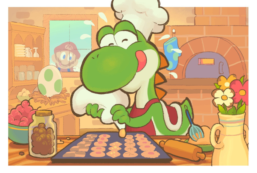 ambiguous_gender anthro apron baking chef_hat cherry clothing cookie detailed_background dough duo egg flower food fruit gashi-gashi hat headgear headwear human licking licking_lips male mammal mario mario_bros nintendo oven plant rolling_pin tongue tongue_out video_games yoshi