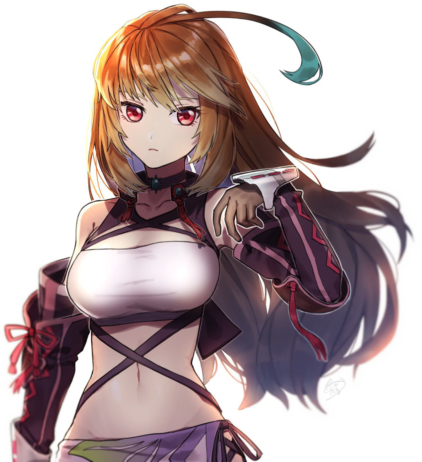 1girl aqua_hair bandeau bangs black_choker black_ribbon black_sleeves blonde_hair breasts brown_gloves choker cleavage closed_mouth collarbone criss-cross_halter detached_sleeves floating_hair frown gloves gradient_hair groin halterneck highres long_hair long_sleeves looking_at_viewer medium_breasts midriff milla_maxwell multicolored_hair navel red_eyes ribbon simple_background solo standing stomach swept_bangs tales_of_(series) tales_of_xillia upper_body usatarou_(annke-to) very_long_hair white_background