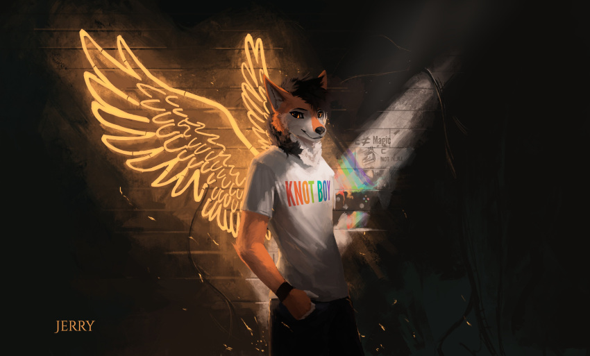 2018 absurd_res anthro biped black_clothing black_hair black_nose brick_wall canid canine canis clothing digital_media_(artwork) english_text fur hair hi_res jackal kadrion male mammal neck_tuft orange_body orange_fur rainbow shirt solo text text_on_clothing topwear tuft wall_(structure) white_body white_clothing white_fur wings