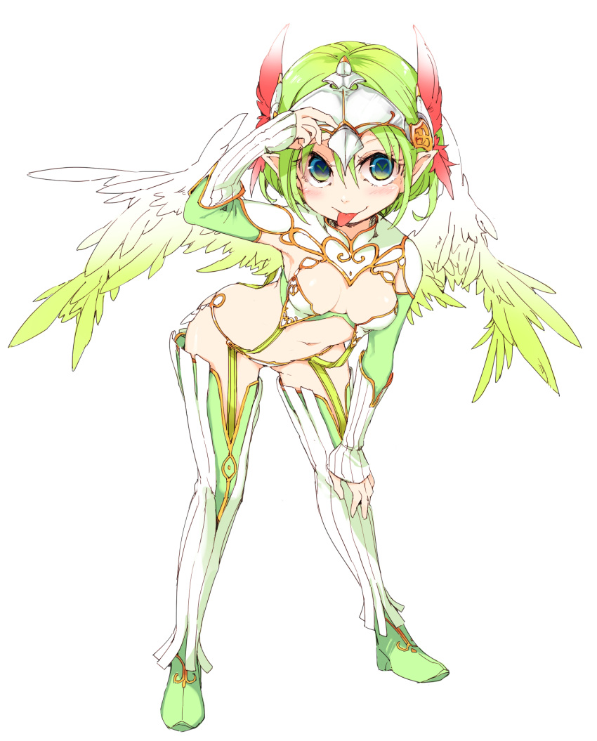 1girl breasts breasts_apart feathered_wings full_body garter_straps green_hair headband highres leaning_forward looking_at_viewer ls-lrtha navel original pointy_ears short_hair simple_background small_breasts solo thighhighs tongue tongue_out white_background wings
