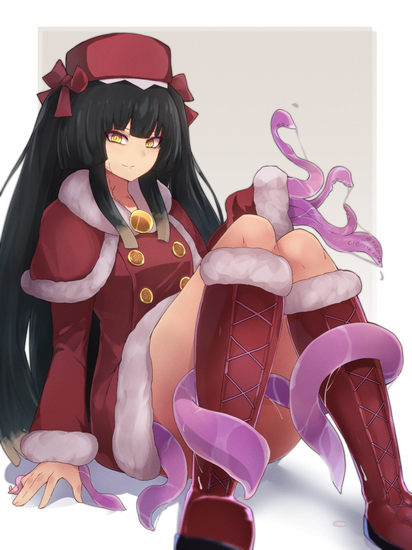1girl arm_support big_hair black_hair boots buttons capelet closed_mouth commentary_request commission dress highres hiruko_(mon-musu_quest!) long_hair long_sleeves looking_at_viewer mon-musu_quest! mon-musu_quest:_paradox red_capelet red_dress red_footwear sitting skeb_commission solo tentacles yellow_eyes yonaga