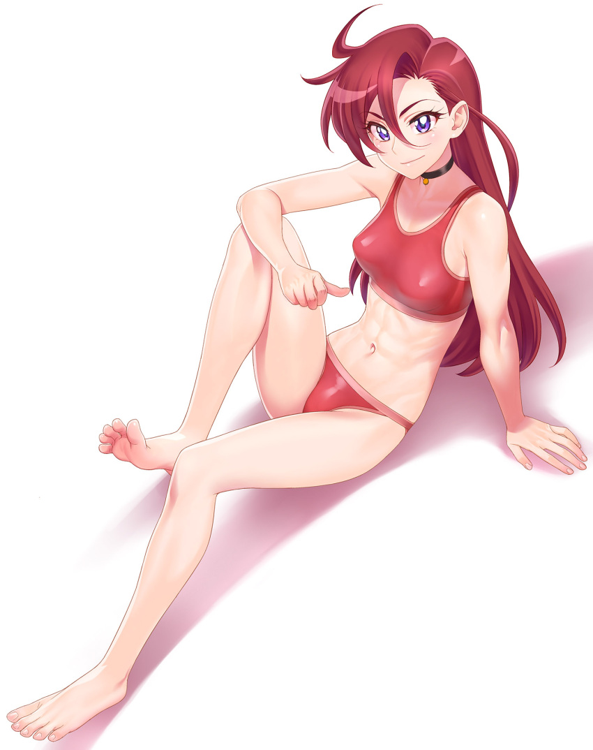 1girl abs arm_support bare_legs barefoot bell bikini black_choker breasts choker closed_mouth collarbone cure_flamingo feet from_above highres jingle_bell long_hair looking_at_viewer looking_up medium_breasts minazuki_juuzou navel neck_bell precure purple_eyes red_bikini red_hair sitting smile solo swimsuit takizawa_asuka toes tropical-rouge!_precure