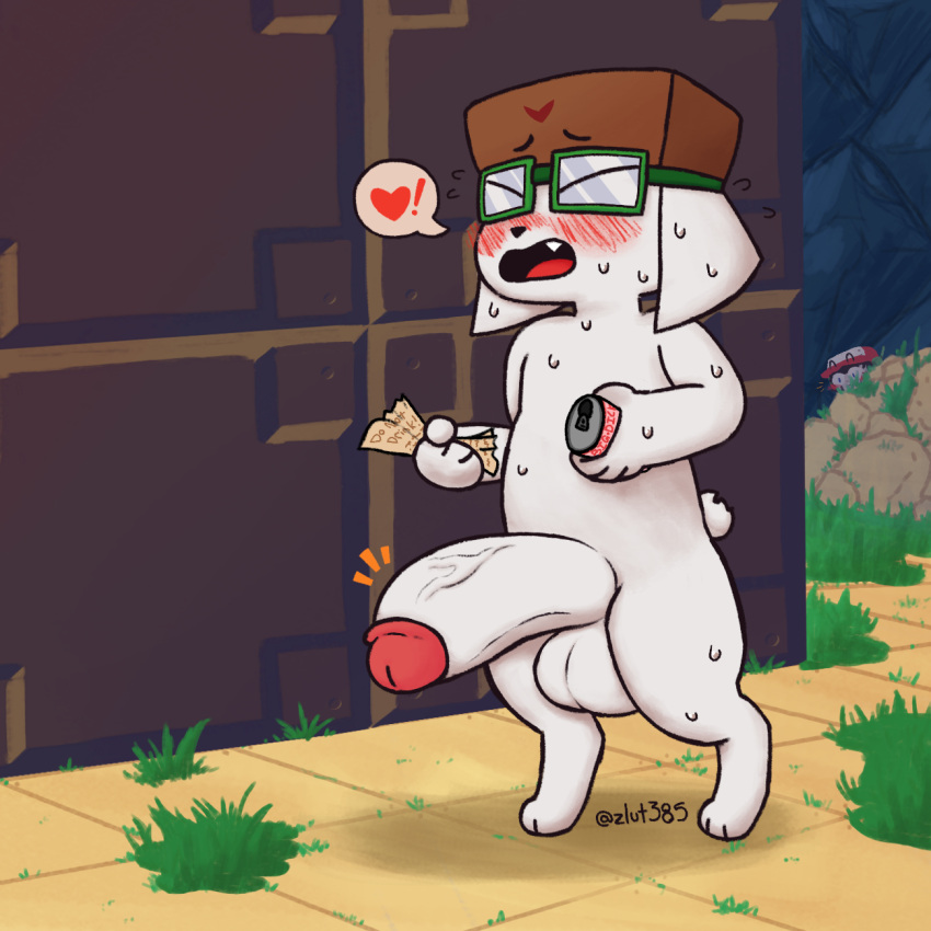 anthro beverage big_penis blush bodily_fluids cave_story clothing erection eyewear genitals goggles hat headgear headwear hi_res jack_(cave_story) lagomorph male mammal mimiga nicalis note nude open_mouth penis quote_(cave_story) solo sweat text video_games white_body zlut385