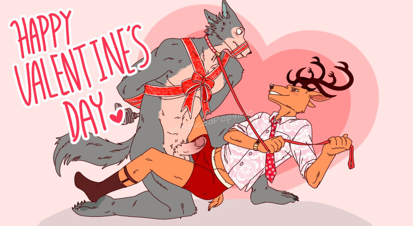 &lt;3 2021 anthro anthro_on_anthro antlers balls bdsm beastars blush bondage bound canid canine canis cervid clothing collar dress_shirt duo english_text erection footwear gag gagged genitals hi_res holidays horn humanoid_genitalia humanoid_penis leash leash_pull legoshi_(beastars) louis_(beastars) male male/male mammal necktie nude penis pink_background ribbon_bondage ribbons scar shirt simple_background smile socks spicedpopsicle text topwear underwear valentine's_day wolf