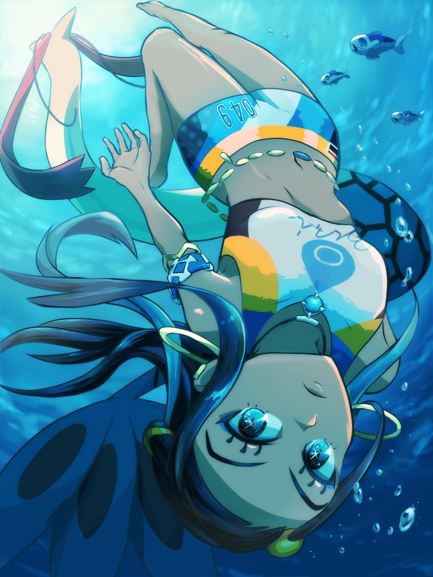 1girl air_bubble armlet bare_shoulders barefoot belly_chain bike_shorts black_hair blue_eyes blue_eyeshadow blue_hair blue_shorts breasts bubble closed_mouth commentary_request crop_top dark_skin dark_skinned_female earrings eyeshadow freediving full_body gen_3_pokemon gen_7_pokemon gym_leader hair_bun highres hoop_earrings jelicle_yasuda jewelry light_rays long_hair looking_at_viewer makeup medium_breasts midriff milotic multicolored_hair navel necklace nessa_(pokemon) number ocean pokemon pokemon_(creature) pokemon_(game) pokemon_swsh shorts sidelocks solo_focus swimsuit tank_top tankini two-tone_hair underwater upside-down white_tank_top wishiwashi wishiwashi_(solo)