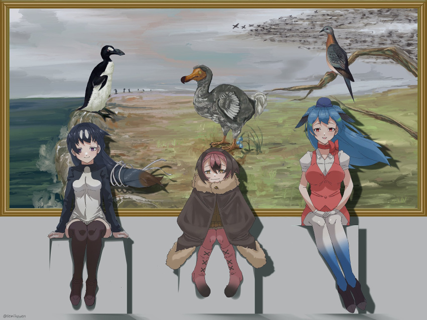 3girls bare_arms black_hair blue_hair boots bow bow_choker bowtie brown_hair brown_legwear cape choker closed_mouth colored_inner_hair dangling dodo_(kemono_friends) empty_eyes flight_attendant floating_hair full_body fur_collar fur_trim gloves great_auk_(kemono_friends) grey_hair hair_ribbon hairband hand_rest hat height_difference highres jacket kemono_friends knees_together_feet_apart long_hair long_sleeves looking_at_viewer miniskirt multicolored_hair multiple_girls open_mouth painting_(object) pantyhose passenger_pigeon_(kemono_friends) pencil_skirt pink_hair purple_eyes red_eyes ribbon semikouen shoes short_hair short_sleeves sitting skirt smile stewardess thighhighs very_long_hair vest yellow_eyes zettai_ryouiki