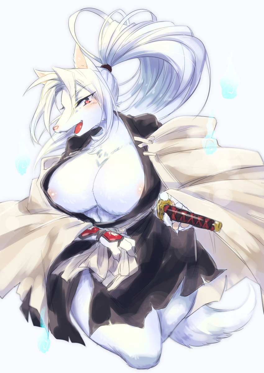 2018 absurd_res anthro areola asian_clothing big_breasts breasts canid canine chest_tuft clothed clothing coat east_asian_clothing female fox fur hair hi_res hitodama htg japanese_clothing katana kemono kneeling mammal melee_weapon nipple_slip nipples open_mouth open_smile ponytail presenting presenting_breasts red_eyes samurai simple_background smile solo sword topwear tuft warrior weapon white_background white_body white_fur white_hair