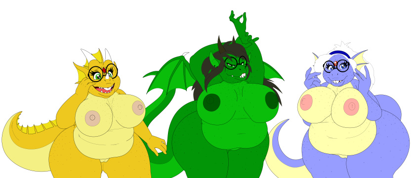 absurd_res after_transformation alphys anthro areola belly big_belly big_breasts blue_eyes breasts brown_hair buckteeth deep_navel dragon ear_piercing eyewear eyewear_only female fin forehead_jewel freckles front_view gem genitals glasses glasses_only green_body green_eyes green_scales hair head_fin hi_res horn huge_breasts huge_hips huge_thighs humanoid_pointy_ears lips lizard looking_at_viewer membrane_(anatomy) membranous_wings mostly_nude multicolored_body multicolored_scales navel nipples non-mammal_breasts non-mammal_nipples nude obese obese_anthro obese_female open_mouth open_smile overweight overweight_anthro overweight_female piercing portrait purple_body purple_scales pussy reptile scales scalie sharp_teeth smile solo standing story story_in_description stretching talons tan_body tan_scales teeth tf_into_fictional_character thatmoondragon thick_lips thick_tail thick_thighs three-quarter_portrait trio two_tone_body two_tone_scales undertale video_games white_hair wide_hips wing_talons wings yellow_body yellow_scales