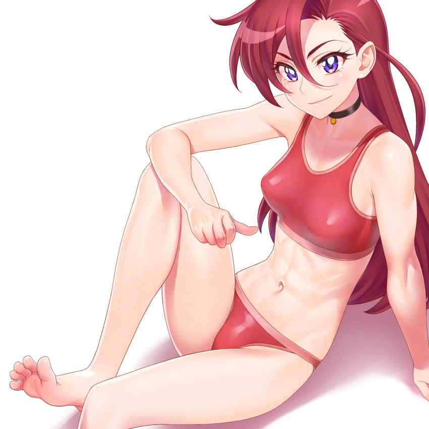 1girl abs arm_support bare_legs barefoot bell bikini black_choker breasts choker closed_mouth collarbone cure_flamingo from_above highres jingle_bell long_hair looking_at_viewer looking_up minazuki_juuzou navel neck_bell precure purple_eyes red_bikini red_hair sitting smile solo swimsuit takizawa_asuka toes tropical-rouge!_precure