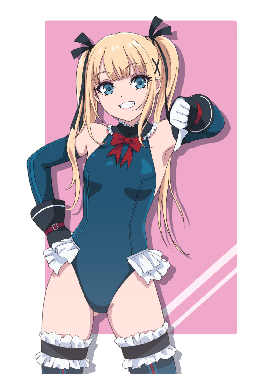 1girl black_legwear blonde_hair blue_leotard cowboy_shot dead_or_alive dead_or_alive_5 elbow_gloves flat_chest frilled_legwear frilled_leotard frills gloves grin highres leotard long_hair looking_at_viewer marie_rose minato_asuka pink_background smile solo standing thumbs_down twintails two-tone_background white_background white_gloves