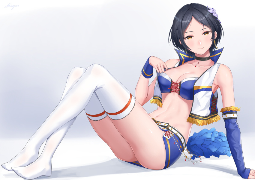 1girl arm_support armpits bandeau bangs bare_shoulders black_choker black_hair blue_skirt blue_sleeves blush breasts choker cleavage closed_mouth collarbone commentary_request detached_sleeves earrings flower full_body groin hair_flower hair_ornament hayami_kanade highres idolmaster idolmaster_cinderella_girls idolmaster_cinderella_girls_starlight_stage jewelry large_breasts looking_at_viewer midriff miniskirt navel open_clothes open_vest parted_bangs shadow short_hair shougun_(chuckni1) sidelocks simple_background single_detached_sleeve sitting skindentation skirt sleeves_past_wrists smile solo thighhighs vest white_background white_legwear white_vest wrist_cuffs yellow_eyes