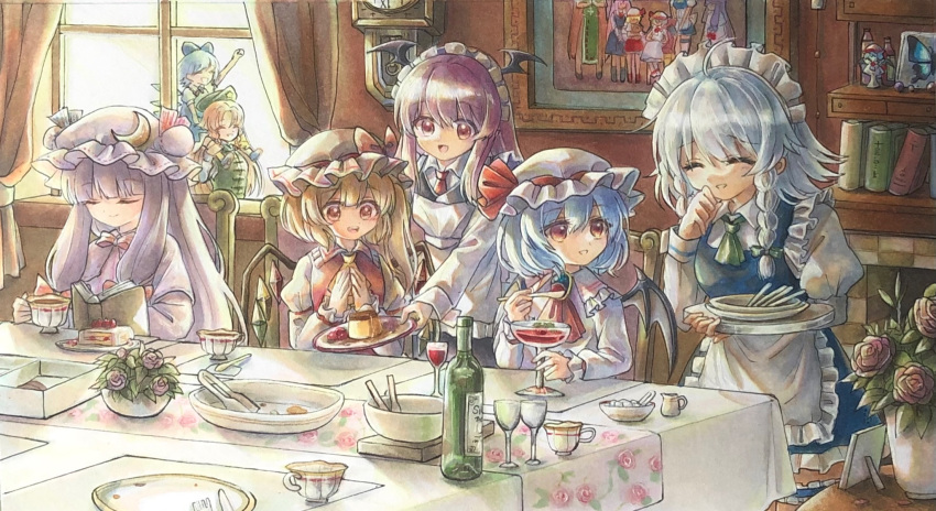 6+girls ahoge alternate_costume apron bangs bat_wings blonde_hair blue_dress blue_hair blunt_bangs book bottle bow brooch cake carrying chair character_doll cirno clock closed_eyes commentary_request crescent crescent_hat_ornament crystal cup curtains detached_wings dress enmaided fireplace flandre_scarlet flower food green_headwear green_neckwear hat hat_bow hat_ornament hat_ribbon head_wings highres hisako_(6anmbblfnjueeff) holding holding_book holding_spoon holding_tray hong_meiling ice ice_wings indoors izayoi_sakuya jewelry juliet_sleeves koakuma long_hair long_sleeves maid maid_headdress mob_cap multiple_girls necktie open_mouth patchouli_knowledge pink_dress pink_flower pink_neckwear plant plate portrait_(object) potted_plant pudding puffy_sleeves purple_hair red_bow red_eyes red_hair red_neckwear red_ribbon remilia_scarlet ribbon rose shirt shoulder_carry side_ponytail smile spoon star_(symbol) star_hat_ornament sugar_cube table teacup tongs touhou tray wall_clock white_headwear white_shirt window wings yellow_neckwear