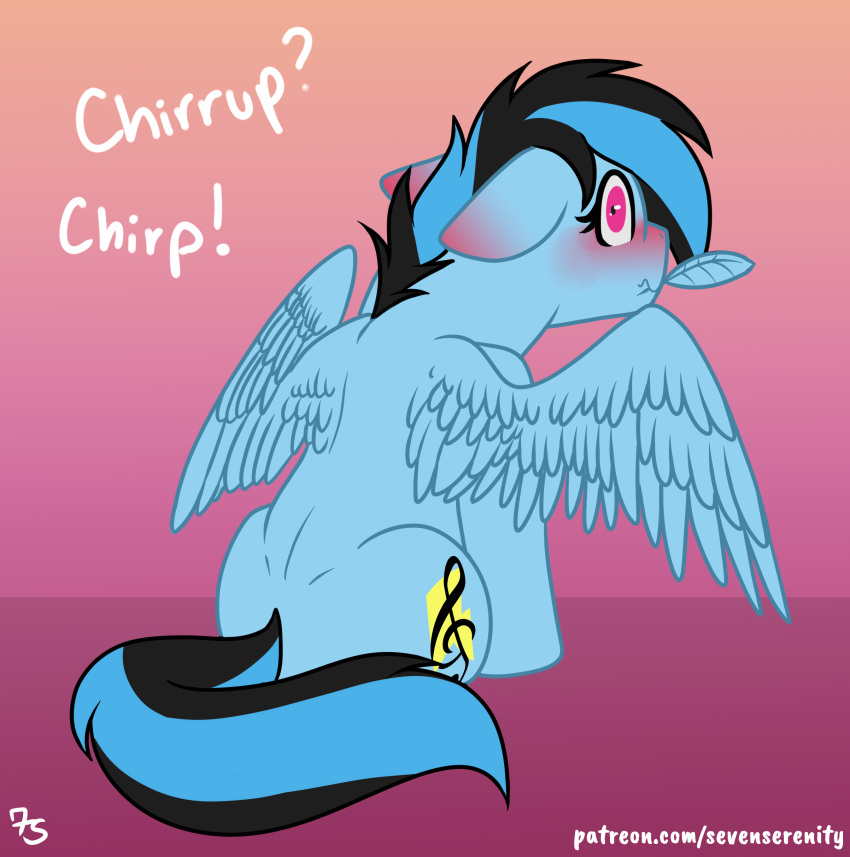 absurd_res blue_body blue_fur blue_wings blush cutie_mark equid equine feral fur hasbro hi_res looking_back male mammal my_little_pony pegasus preenhub sevenserenity solo wings