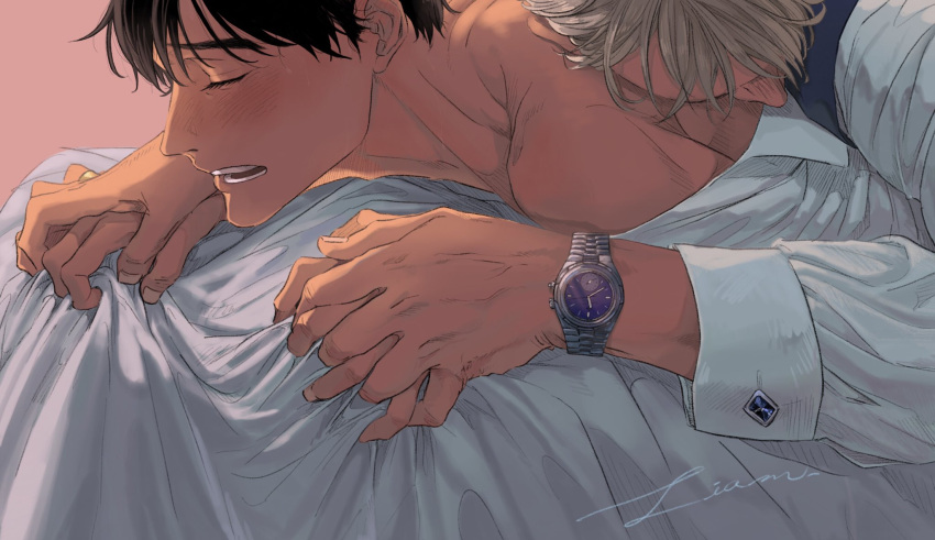 2boys artist_name backlighting bare_shoulders bed_sheet beige_background black_hair black_vest blush close-up closed_eyes dress_shirt eyelashes face facing_away fingernails frown grey_hair head_rest heavy_breathing highres holding_hands implied_sex interlocked_fingers katsuki_yuuri liam long_eyelashes lying lying_on_person male_focus messy_hair multiple_boys on_stomach parted_lips profile sheet_grab shirt shirt_slip signature simple_background sweat teeth upper_body vest viktor_nikiforov watch white_shirt wristwatch yaoi yuri!!!_on_ice