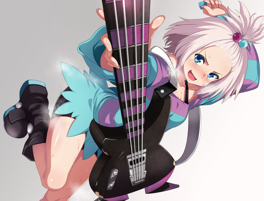 absurdres bass_guitar bike_shorts blue_eyes blush boots bra_strap breasts dress forehead freckles gym_leader hair_bobbles hair_ornament highres instrument jumping maki_ikazuya perspective plectrum pokemon pokemon_(game) pokemon_bw2 roxie_(pokemon) small_breasts strapless strapless_dress striped striped_dress thighs topknot white_hair