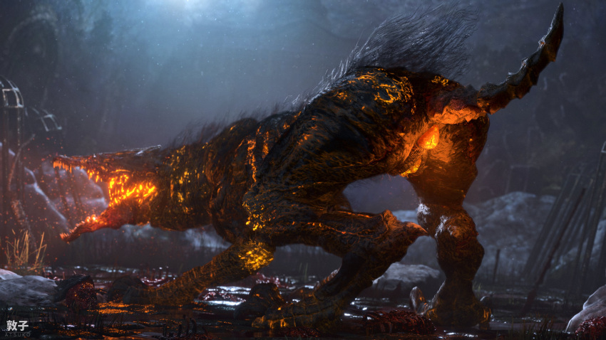2021 3d_(artwork) absurd_res anus atsukosfm_(artist) black_body bloodborne bone butt canid canine canis claws detailed_background digital_media_(artwork) digitigrade female feral finger_claws fire fromsoftware genitals hi_res mammal monster open_mouth orange_glow pussy quadruped raised_tail rear_view rib_cage skull solo sony_corporation sony_interactive_entertainment teeth toe_claws video_games watchdog_of_the_old_lords