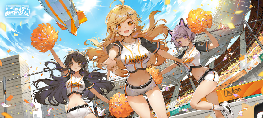 1girl 3girls :d absurdres aircraft akizero1510 animal_ears arm_up bangs baseball_bat_hair_ornament baseball_earrings belt belt_buckle black_hair blonde_hair blue_sky breasts brown_eyes buckle buttons cheerleader clothes_writing collarbone commentary confetti crop_top day dirigible earrings english_commentary fake_animal_ears fence figure_story hair_ornament highres huge_filesize jewelry kneehighs leg_up long_hair medium_breasts midriff multiple_girls navel official_art open_mouth orange_eyes outdoors pointing pointing_at_viewer pom_poms purple_eyes purple_hair shoes short_hair short_sleeves shorts sky smile sneakers standing standing_on_one_leg stomach swept_bangs very_long_hair white_footwear white_legwear white_shorts