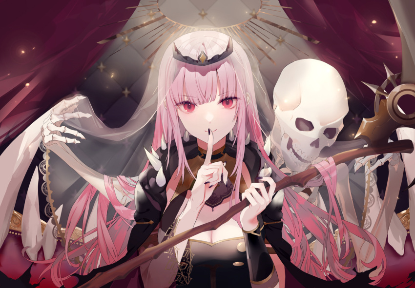 1girl black_cape bracer breasts cape cleavage cleavage_cutout clothing_cutout eyebrows_visible_through_hair finger_to_mouth hair_behind_ear halo head_tilt hololive hololive_english looking_at_viewer mori_calliope open_mouth pink_eyes pink_hair see-through_sleeves single_sleeve skeleton smile solo spikes tiara veil virtual_youtuber yukisame