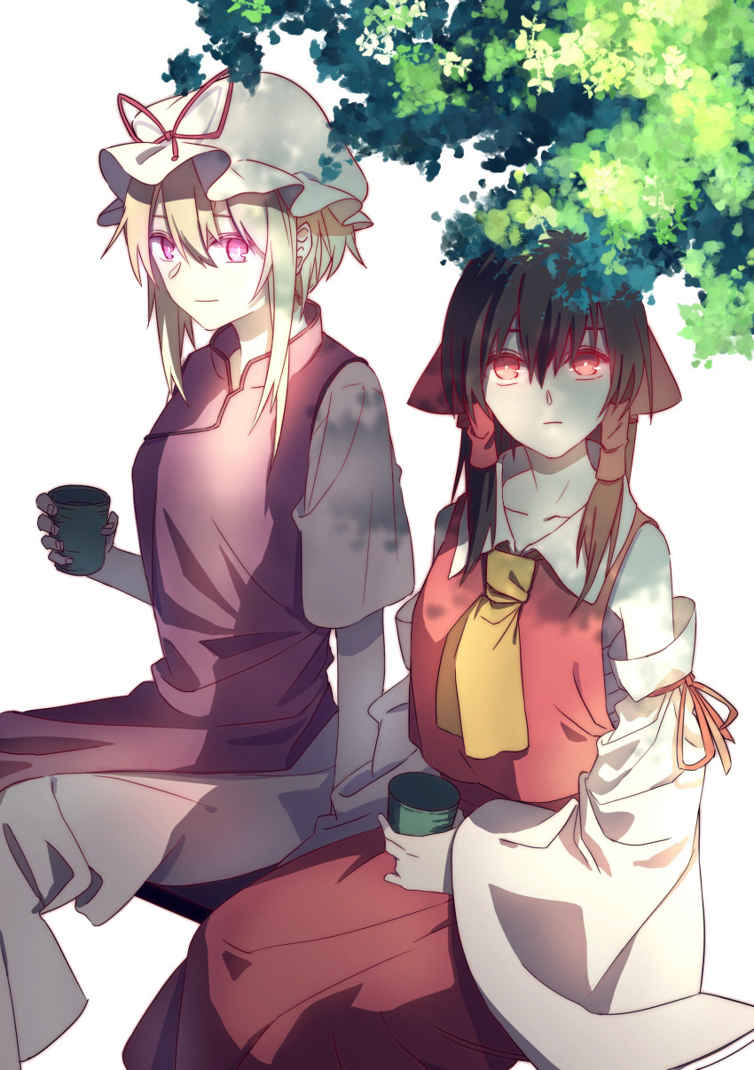 2girls absurdres arm_ribbon ascot bangs bare_shoulders black_hair blonde_hair bow collarbone cup day detached_sleeves dress expressionless eyebrows_behind_hair feet_out_of_frame hair_between_eyes hair_bow hair_tubes hair_up hakurei_reimu hat hat_ribbon highres holding holding_cup invisible_chair leaf long_hair looking_at_viewer mob_cap multiple_girls nontraditional_miko ouka_musci purple_eyes red_bow red_eyes red_shirt red_skirt ribbon sarashi shadow shirt short_sleeves side-by-side sidelocks simple_background sitting skirt skirt_set sleeveless sleeveless_shirt slit_pupils tabard teacup tied_hair touhou tree_shade white_background white_dress white_headwear wide_sleeves yakumo_yukari yellow_neckwear