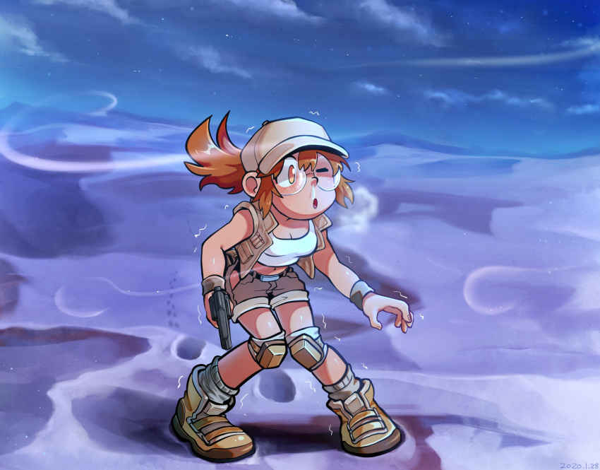 1girl baseball_cap belt brown_belt brown_footwear brown_headwear brown_shorts cloud crop_top desert fio_germi glasses gun hat highres hip_vent holding holding_gun holding_weapon knee_pads long_hair metal_slug navel night night_sky one_eye_closed open_mouth orange_eyes orange_hair outdoors ponytail revolver round_eyewear sand sasisage shirt shoes shorts sky solo standing trembling weapon white_shirt