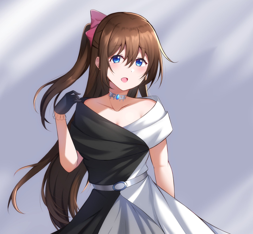 1girl bangs bare_shoulders black_dress black_gloves blue_eyes bow breasts brown_hair choker cleavage collarbone dress evening_gown gloves hair_between_eyes hair_bow half_updo highres jewelry lace lace_gloves long_hair love_live! love_live!_nijigasaki_high_school_idol_club multicolored multicolored_clothes necklace off-shoulder_dress off_shoulder ousaka_shizuku ponytail red_bow sidelocks sleeveless sleeveless_dress solitude_rain_(love_live!) two-tone_dress upper_body white_bow white_dress