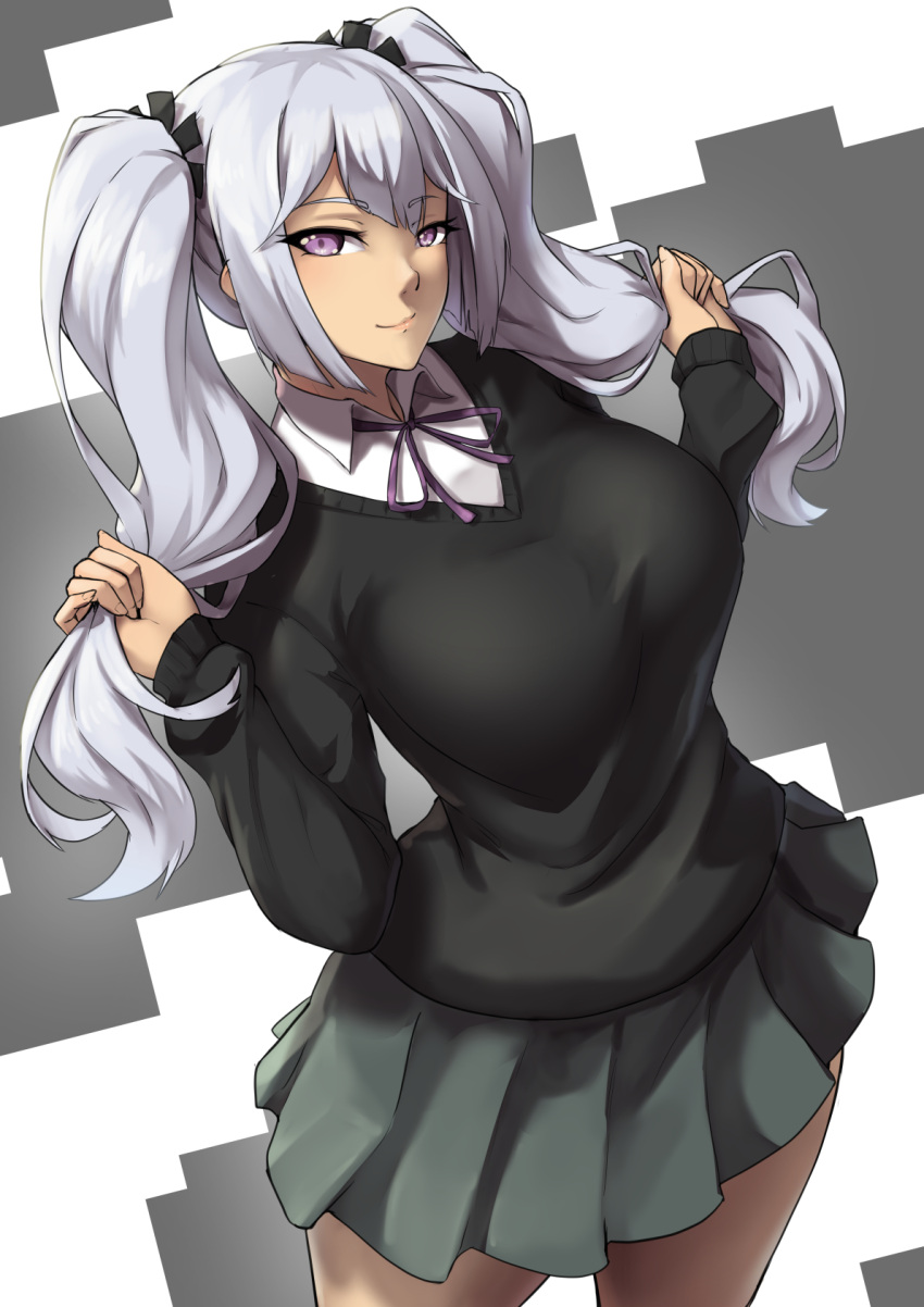 1girl bangs black_sweater d-frag! dutch_angle eyebrows_visible_through_hair grey_hair highres long_hair looking_at_viewer packge pleated_skirt sakai_tama school_uniform shirt skirt smile solo sweater twintails v-neck white_shirt