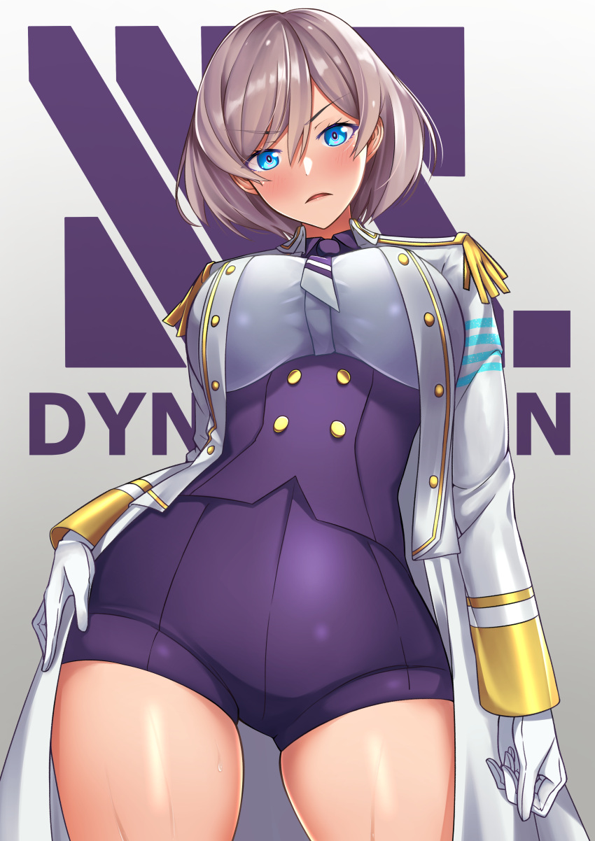 1girl absurdres blue_eyes blush breasts brown_hair frown gloves highres jacket large_breasts looking_at_viewer mini_necktie mr2d mujina purple_shorts shiny shiny_hair shiny_skin short_hair shorts skindentation solo ssss.dynazenon ssss.gridman standing sweat thighs white_gloves white_jacket