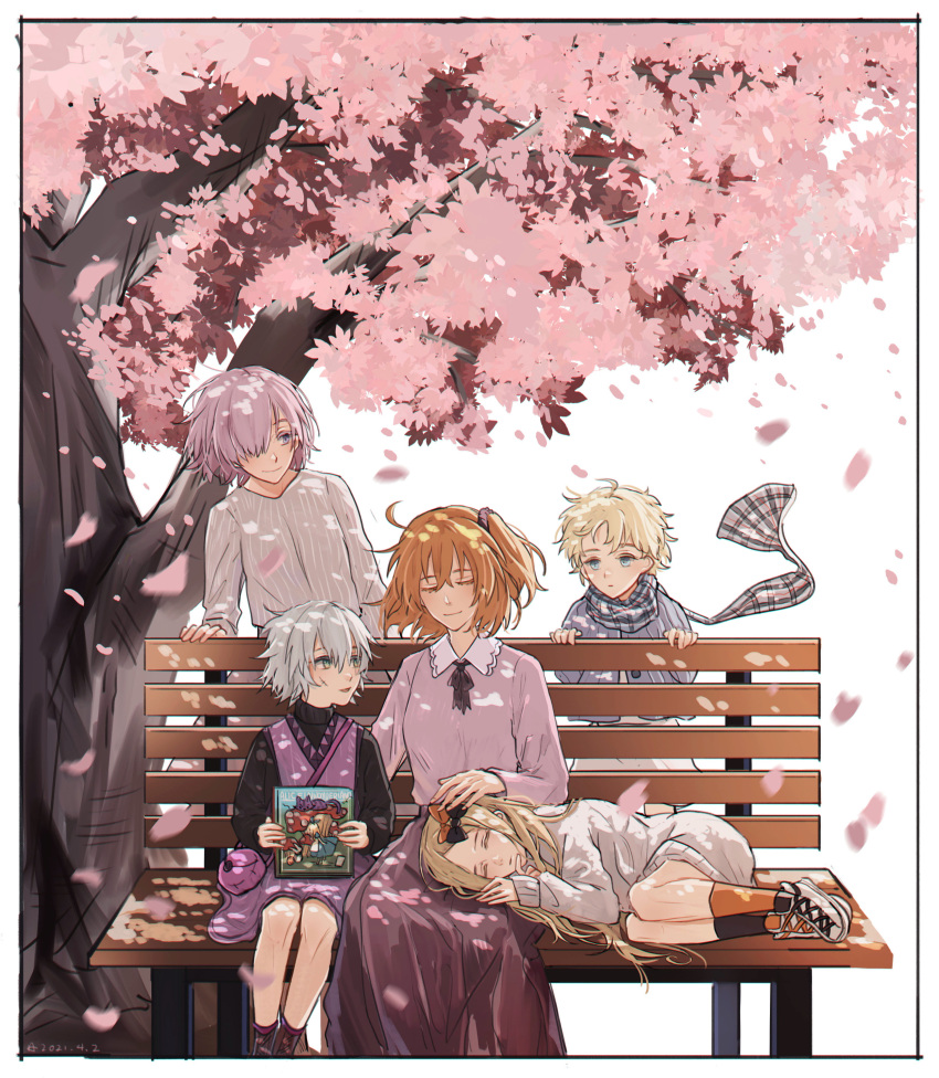 abigail_williams_(fate) absurdres bench book cherry_blossoms contemporary dot818 fate/grand_order fate_(series) fujimaru_ritsuka_(female) hair_over_one_eye highres jack_the_ripper_(fate/apocrypha) lap_pillow mash_kyrielight nursery_rhyme_(fate) petals scar scar_on_cheek scar_on_face scarf sitting voyager_(fate) wind