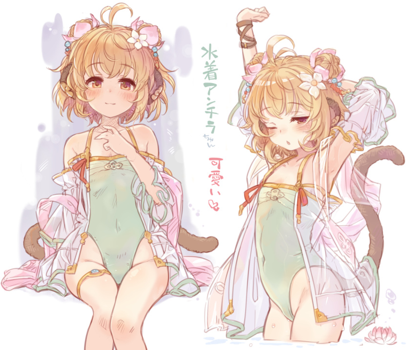 1girl 7010 andira_(granblue_fantasy) animal_ears arm_up blonde_hair blush closed_mouth covered_navel erune flower granblue_fantasy green_swimsuit hair_flower hair_ornament looking_at_viewer monkey_ears monkey_tail multiple_views one-piece_swimsuit one_eye_closed short_hair sitting smile swimsuit tail thighs translation_request yellow_eyes