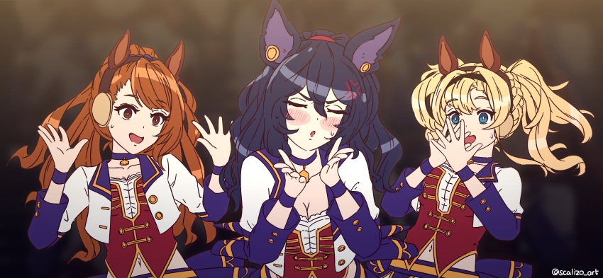 anger_vein animal_ears armband beatrix_(granblue_fantasy) black_hair blonde_hair blue_eyes blush_stickers bow breasts brown_hair choker cleavage company_connection cosplay cropped_jacket granblue_fantasy headphones highres ilsa_(granblue_fantasy) midriff open_mouth ponytail scalizo_art sweatdrop twintails twitter_username umamusume zeta_(granblue_fantasy)