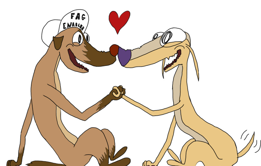 &lt;3 alfred_alfer brown_body brown_fur canid canine canis clothing domestic_dog duo feral fur hand_holding happy hat hazel_(artist) headgear headwear love male male/male mammal purple_nose red_nose slur smile tailwag tan_body tan_fur white_clothing white_hat white_headwear