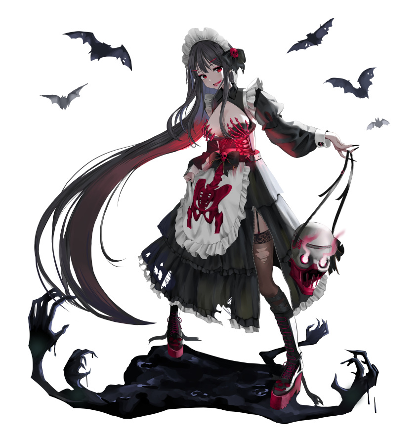1girl :d absurdly_long_hair absurdres apron bangs bat black_bow black_footwear black_hair black_legwear black_nails black_shirt black_skirt blood blood_on_face boots bow breasts cleavage cleavage_cutout clothing_cutout eyebrows_visible_through_hair fingernails full_body garter_straps go_(mumuke) hair_bow hair_ornament hairpin high_heel_boots high_heels highres knee_boots long_hair long_skirt long_sleeves maid maid_headdress medium_breasts monster nail_polish open_mouth original platform_boots print_apron puffy_long_sleeves puffy_sleeves red_eyes shirt skeletal_hand skeleton_print skirt skirt_hold skull skull_hair_ornament smile solo standing thighhighs torn_clothes torn_legwear very_long_fingernails very_long_hair waist_apron white_apron