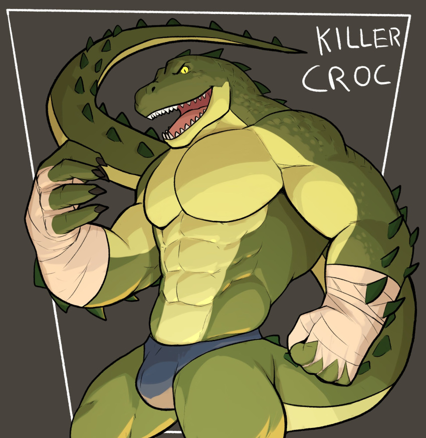 2021 abs anthro biceps bulge claws clothing crocodile crocodilian crocodylid dc_comics finger_claws green_body green_scales grey_background hand_wraps hi_res jrjresq killer_croc looking_at_viewer male multicolored_body muscular muscular_anthro muscular_male obliques open_mouth pecs pinup portrait pose quads raised_tail reptile scales scalie sharp_teeth simple_background smile solo teeth thong three-quarter_portrait tongue triceps two_tone_body underwear wraps yellow_sclera