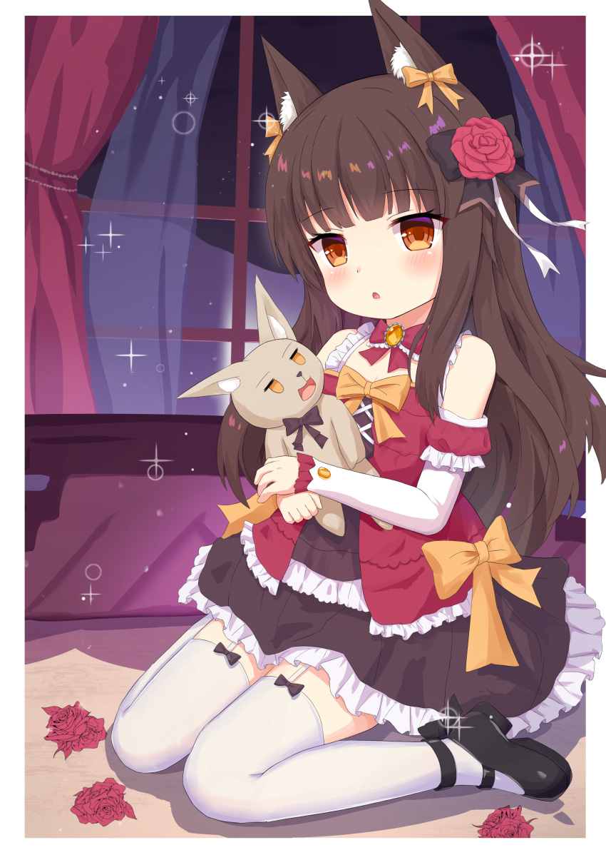 1girl absurdres akagi_(warship_girls_r) animal_ear_fluff animal_ears black_footwear bow brown_dress brown_eyes brown_hair curtains dress eyebrows_visible_through_hair flower fox_ears garter_straps hair_bow hair_flower hair_ornament highres indoors lolita_fashion long_hair mary_janes night night_sky object_hug red_shirt ribbon shirt shoes short_dress sitting sky solo star_(sky) stuffed_toy synring97 thighhighs warship_girls_r white_legwear window younger