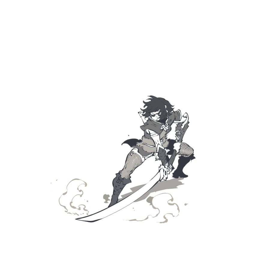 1girl boots bracer dust_cloud highres katana monochrome monster_hunter_(series) monster_hunter_rise short_hair ssambatea sword thighhighs weapon white_background