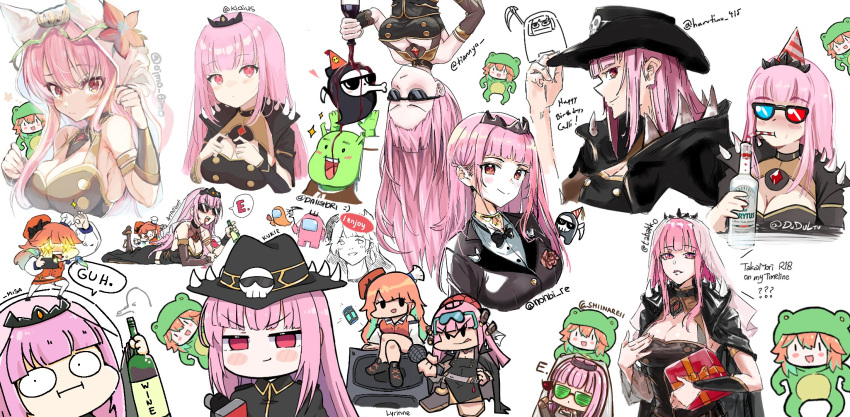 +_+ 2girls 3d_glasses alcohol among_us animal_costume artpatient bangs black_cape black_eyes black_neckwear blush bottle bow bowtie box breasts cape chibi cleavage cleavage_cutout clothing_cutout collaboration cowboy_hat crewmate_(among_us) crossover daiishori dudul friday_night_funkin' friday_night_funkin_(style) frog_costume gift hair_behind_ear happy_birthday harutimu hat highres holding holding_box holding_scythe hololive hololive_english kemonomimi_mode klaius kukie-nyan large_breasts lying lyrinne medium_breasts mori_calliope mr.holmes multiple_girls nonbire ogre oimo_0imo on_stomach open_mouth orange_hair parody pink_hair pouring purple_eyes red_eyes scythe shiina_rei shrek shrek_(series) sitting smile speaker spikes style_parody sunglasses tian_nya tiara tuxedo twitter_username upside-down v-shaped_eyebrows veil virtual_youtuber wakatsuki_misato white_background wine wine_bottle