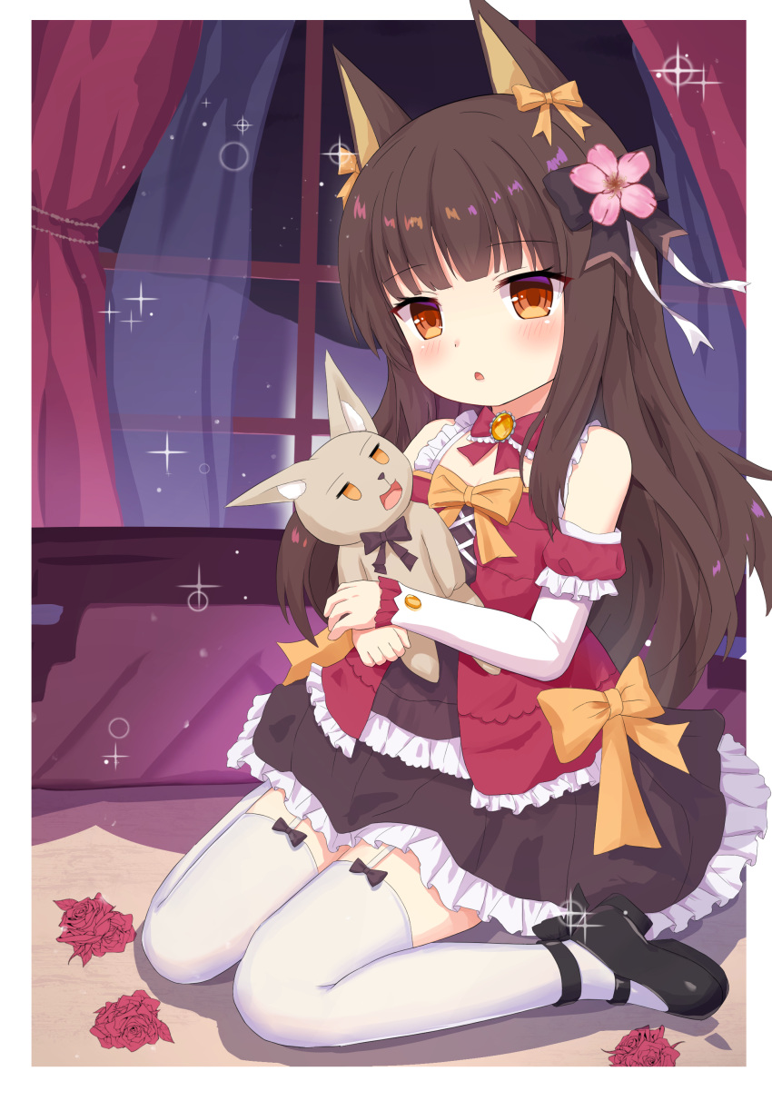 1girl absurdres akagi_(warship_girls_r) animal_ears black_footwear bow brown_dress brown_eyes brown_hair curtains dress eyebrows_visible_through_hair flower fox_ears garter_straps hair_bow hair_flower hair_ornament highres indoors lolita_fashion long_hair mary_janes night night_sky object_hug red_shirt ribbon shirt shoes short_dress sitting sky solo star_(sky) stuffed_toy synring97 thighhighs warship_girls_r white_legwear window younger