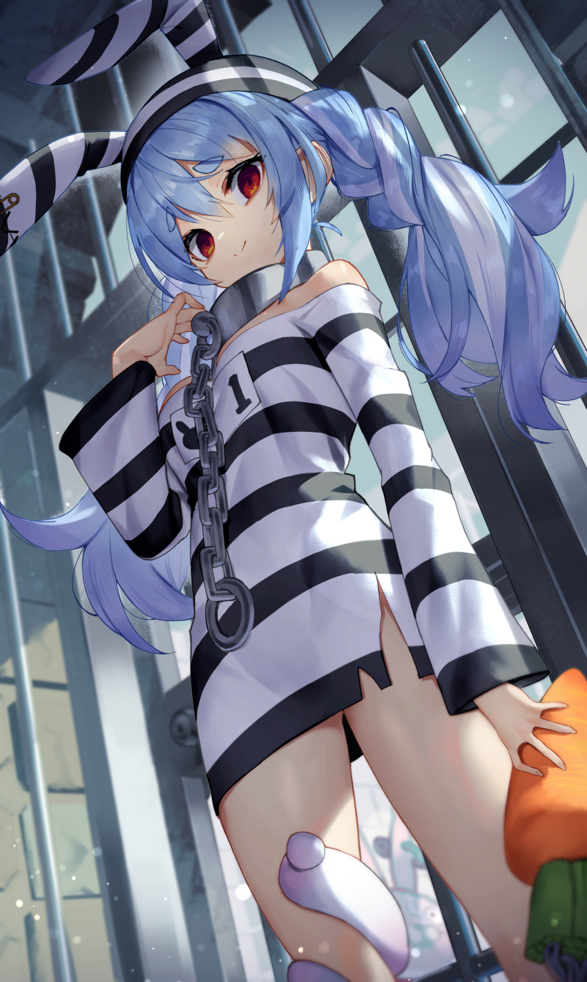 1girl absurdres animal_ears bangs bare_shoulders blue_hair braid breasts bunny_ears carrot chain closed_mouth collar dress eyebrows_visible_through_hair from_below highres holding hololive long_sleeves looking_at_viewer looking_down multicolored_hair name_tag off-shoulder_dress off_shoulder prison_cell prison_clothes red_eyes safety_pin small_breasts smile solo striped striped_dress striped_headwear sukocchi thick_eyebrows thighs twin_braids two-tone_hair usada_pekora white_hair