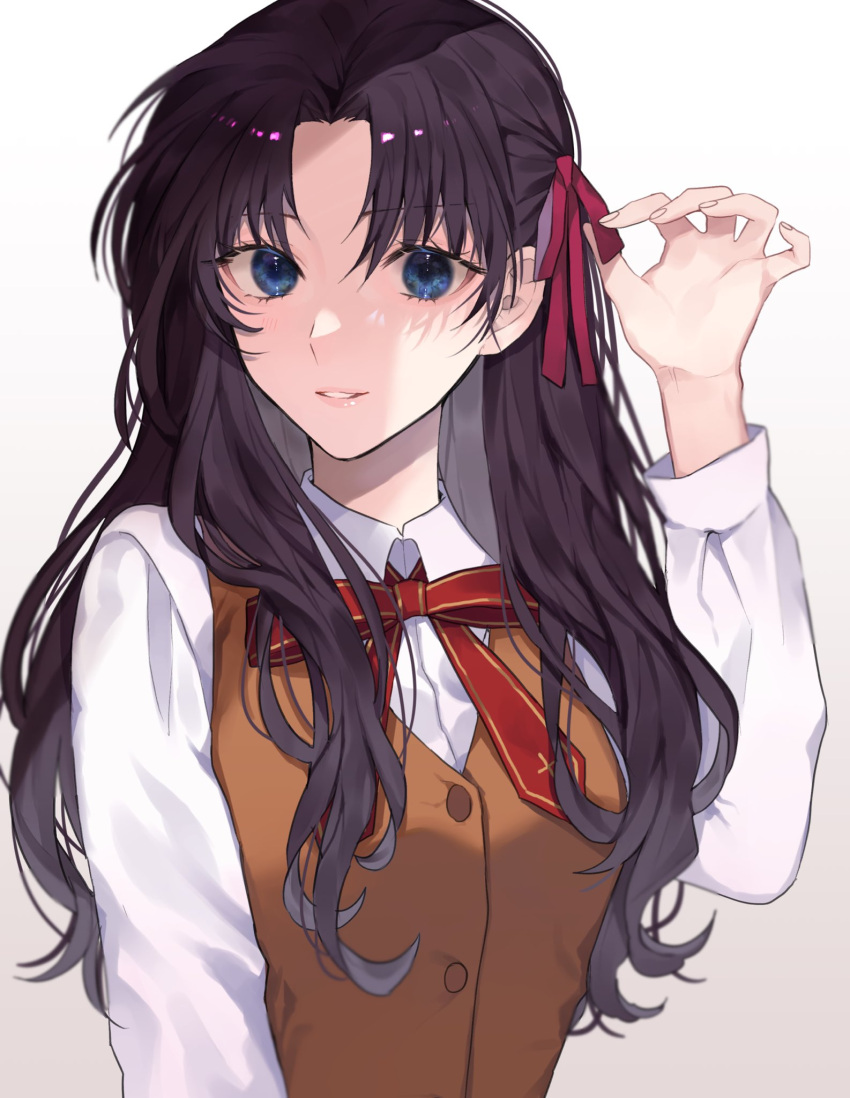 1girl alternate_hairstyle bangs black_hair blue_eyes bow bowtie brown_vest collared_shirt fate/stay_night fate_(series) hair_ribbon half_updo highres homurahara_academy_uniform long_hair long_sleeves looking_at_viewer parted_bangs parted_lips red_bow red_ribbon ribbon shimatori_(sanyyyy) shirt simple_background tohsaka_rin upper_body vest white_background white_shirt