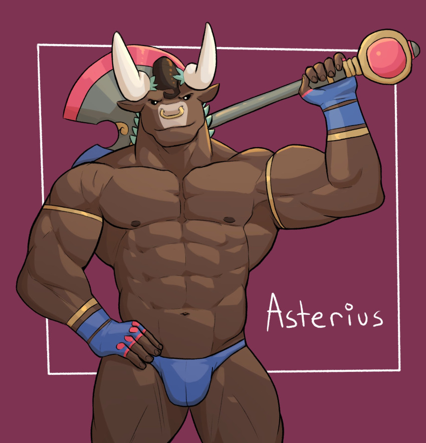 2021 abs anthro armband asterius_(hades) axe biceps black_eyes bovid bovine brown_body brown_fur brown_hair bulge cattle clothed clothing european_mythology fingerless_gloves fur gloves greek_mythology hair handwear hi_res holding_axe holding_object holding_weapon horn jrjresq looking_at_viewer male mammal melee_weapon minotaur muscular muscular_anthro muscular_male mythology nipples pecs pinup portrait pose purple_background quads simple_background skimpy solo thong three-quarter_portrait triceps underwear weapon