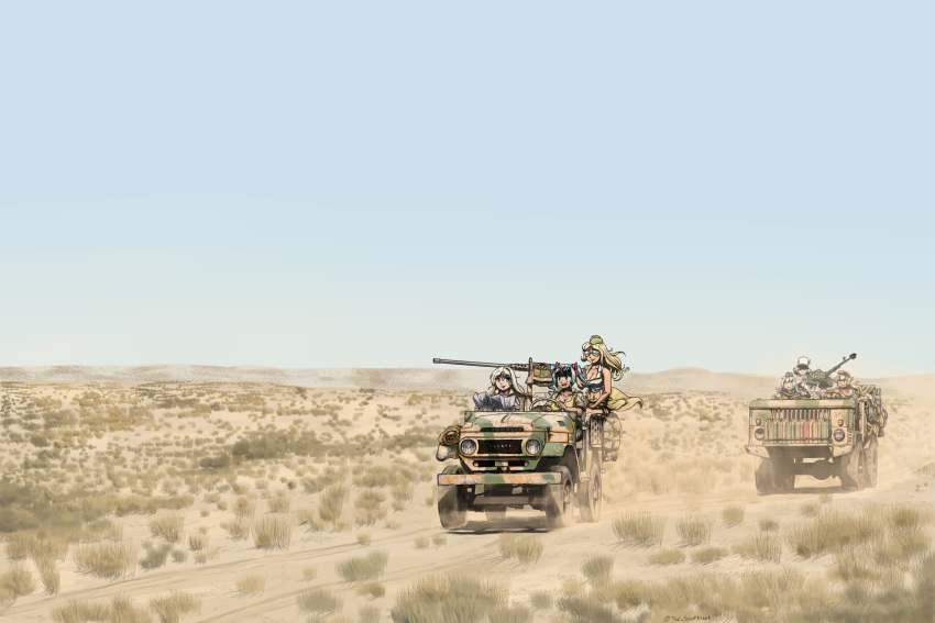 6+girls ak47_(girls_frontline) all-terrain_vehicle assault_rifle bangs beret blonde_hair blue_eyes blue_hair blue_sky breasts browning_m2 bullpup camouflage camouflaged_object cleavage closed_eyes commentary desert driving dshk dust english_commentary eyewear_on_head famas famas_(girls_frontline) gaz-66 girls_frontline grass green_headwear green_tank_top ground_vehicle guitar gun hair_ribbon hat highres holding holding_instrument holding_map holding_weapon imi_uzi instrument jeep jerry_can kord_(girls_frontline) landscape large_breasts long_hair m2hb_(girls_frontline) machine_gun map map_(object) medium_hair mi micro_uzi_(girls_frontline) military military_hat military_jacket military_uniform military_vehicle motor_vehicle multiple_girls music off_shoulder open_mouth playing_instrument red_headwear red_ribbon ribbon rifle road sand shirt short_twintails sky sleeveless sleeveless_shirt smile submachine_gun sunglasses svd_(girls_frontline) tank_top technical teeth the_sourkraut top_hat toyota_land_cruiser twintails uniform weapon white_hair white_headwear white_shirt yellow_shirt