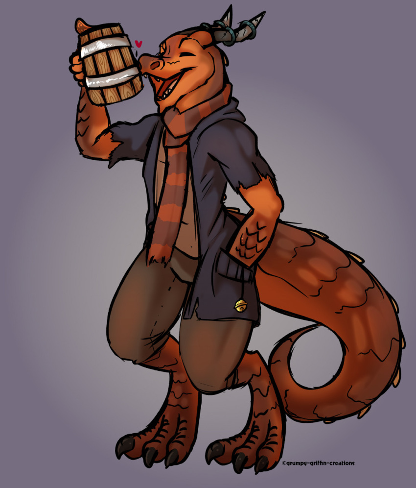 &lt;3 2021 anthro beverage biped claws clothed clothing digital_media_(artwork) eyes_closed fingers grumpy_griffin_creations hi_res kobold male open_mouth raised_arm simple_background smile solo standing tankard