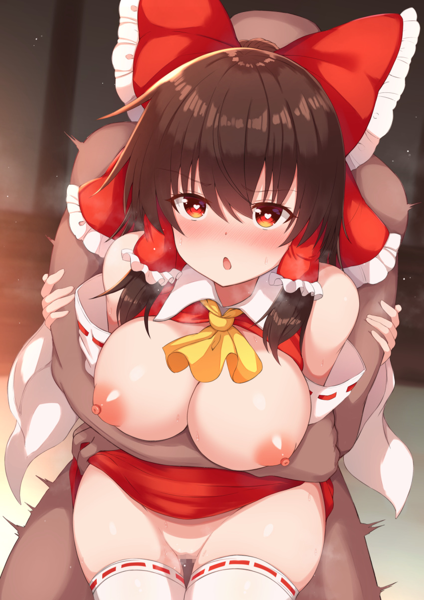 1boy 1girl ascot blush bow breasts breasts_outside brown_hair clothed_female_nude_male commentary_request cum detached_sleeves hair_between_eyes hair_bow hair_tubes hakurei_reimu heart heart-shaped_pupils hetero highres large_breasts miniskirt nipples nose_blush nude open_mouth red_bow red_eyes red_skirt ribbon-trimmed_legwear ribbon-trimmed_sleeves ribbon_trim sex sex_from_behind sidelocks skirt solo_focus symbol-shaped_pupils thighhighs tksand touhou white_legwear